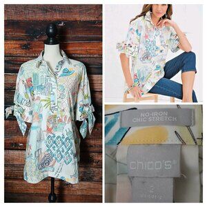 NWT Chicos Tunic Top Size 2 US L No Iron Paradise 3/4 Tie Sleeve Popover